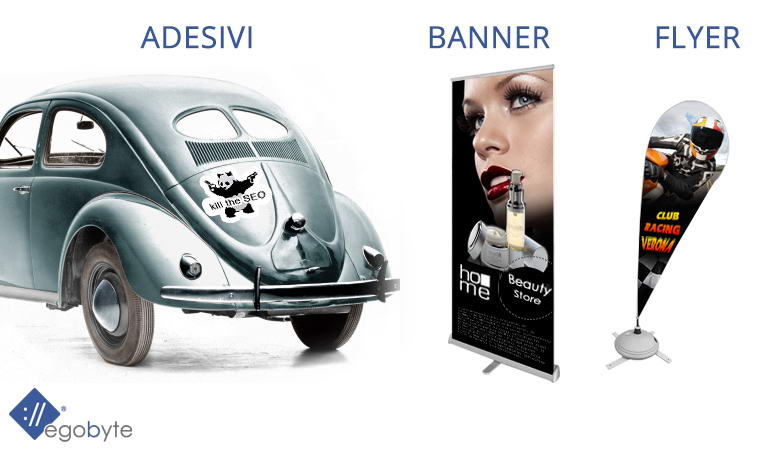 Maggiolino con adesivo kill the seo, banner home beauty, flyer racing Verona